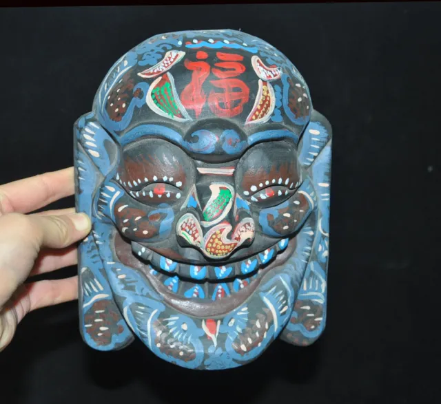 Chinese Primitive tribe Old wood wizard Painted prayer Buddha head Mask statue