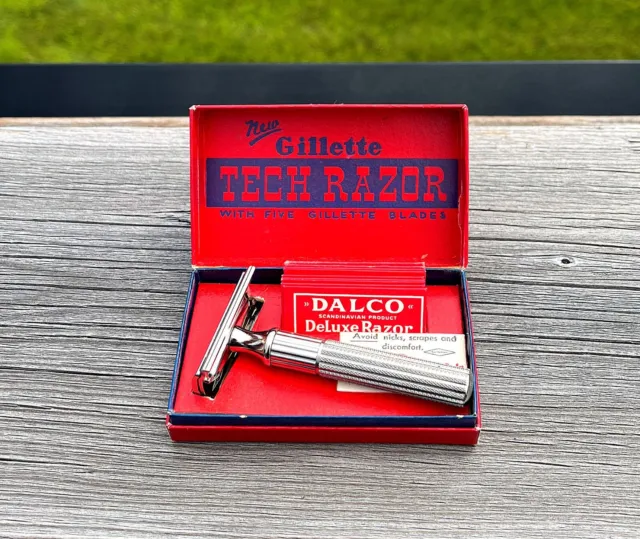 Vintage Gillette Tech Fat Handle Safety Razor With Box Made In Canada Unused Nos