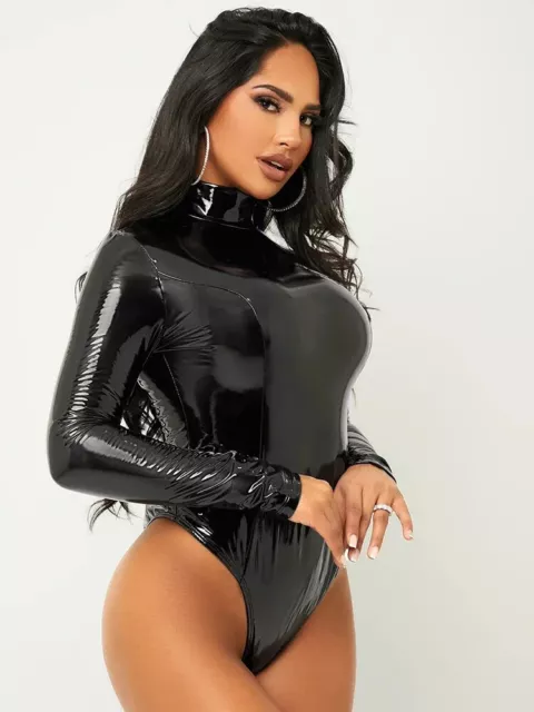 High Neck Faux Latex Bodysuit Women Sexy Bodycon PVC  PU Leather Jumpsuits