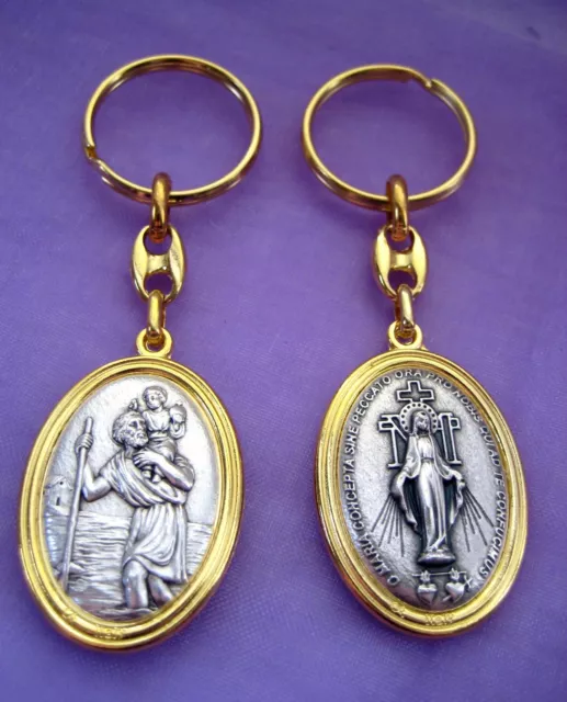 Keyring Double Sided Saint St Christopher Miraculous Medal Charm Keychain AGTU