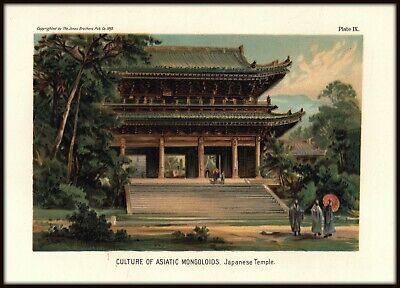 VINTAGE PRINT: Culture of Asiatic Mongoloids. Japanese Temple COLOR ILLUSTRATION