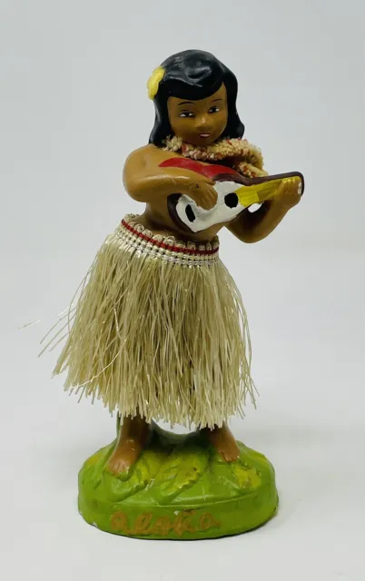 Vintage Chalkware Hula Girl Bobble Dancing Hawaii Gold Skirt