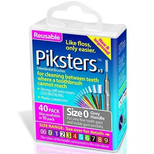 Piksters Interdental Brush - Size 0 Silver (Grey) 0.35mm - 40 Brushes Per Pack