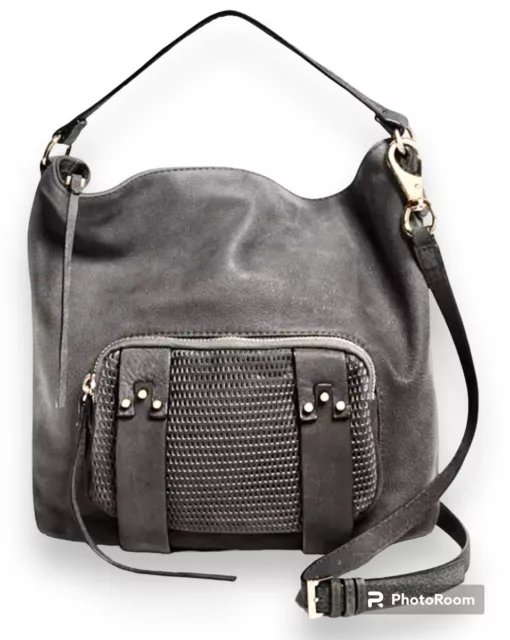 She + lo Next Chapter  Perforated Gray Pebbled Leather Hobo Crossbody Bucket Bag