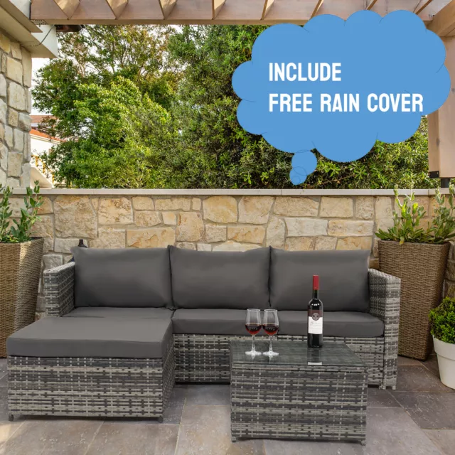 4 Seater Rattan Garden Furniture Corner Sofa Table Set Mix Grey FREE RAIN COVER