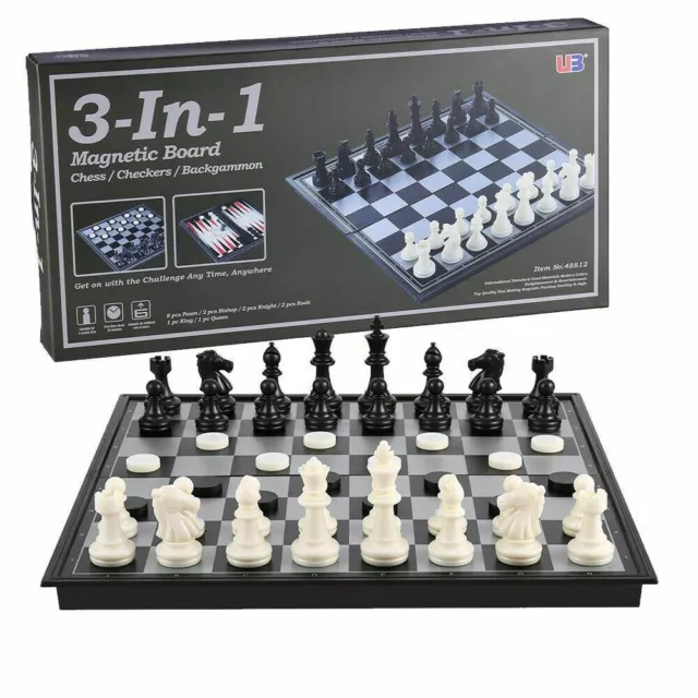 Folding Board Chess With black and white magnetic Travel 3in1 Chess Game Set UK