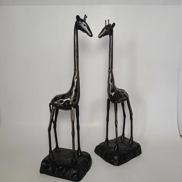 set of 2 Metal Giraffe Figurine heavy Safari Statue Tribal Art Decor 13 1/2"