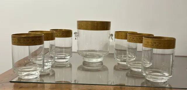 Elegante servizio di 6 bicchieri con portaghiaccio in cristallo con bordo in oro