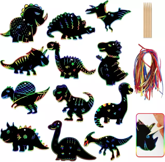 12 Stück Dinosaurier Kratzbilder für Kinder,Tier Kratzpapier Scratch Art mit Hol