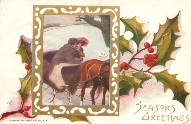 Christmas Couple on Horsedrawn Sleigh Ride~Forward Fellow~Artist ASM~Natl Art Co