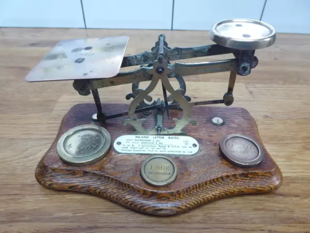 Antique English Oak & Brass Postal Scales & Weights