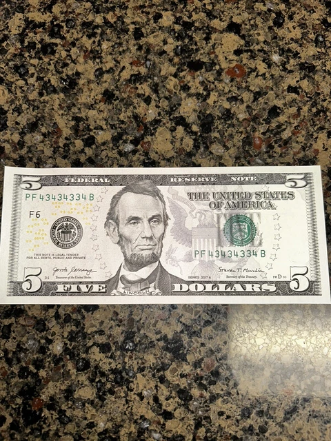 Fancy serial number *BINARY $5 Five Dollar Bill ✨TRIPLE REPEAT✨ UNCIRCULATED