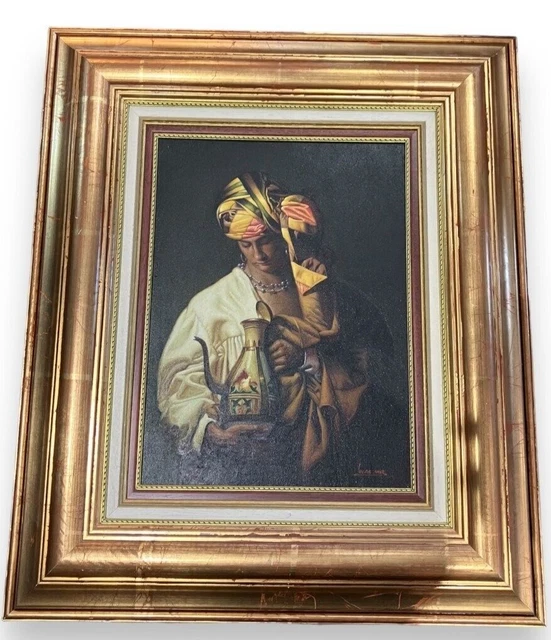 Antique Painting Oil On Panel Woman Frame Ewer Lucas Mir Art Gild Rare Old 19th