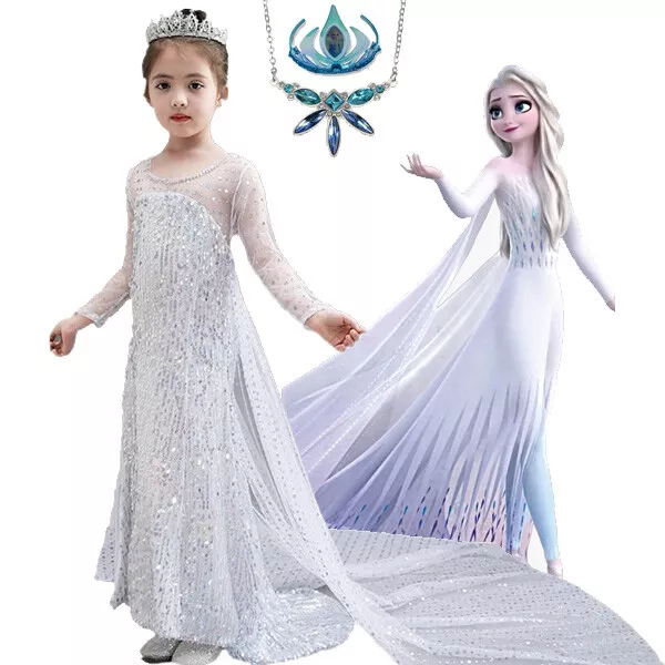 2019 New Release Girls Frozen 2 Elsa Costume Party Birthday White Dress 2-10 Yrs