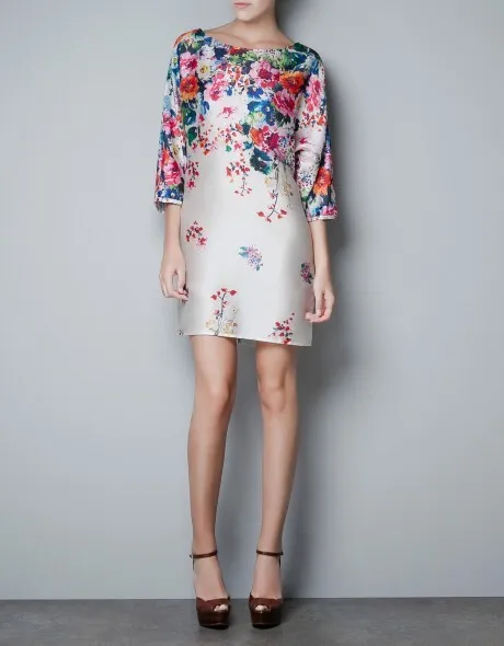 Zara Basic Size S Shift Tunic Dress Floral Print 3/4 Sleeve Short Boat Neck