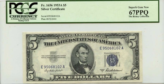1953A $5 Silver Cert FR#1656 PCGS Superb Gem 67 PPQ