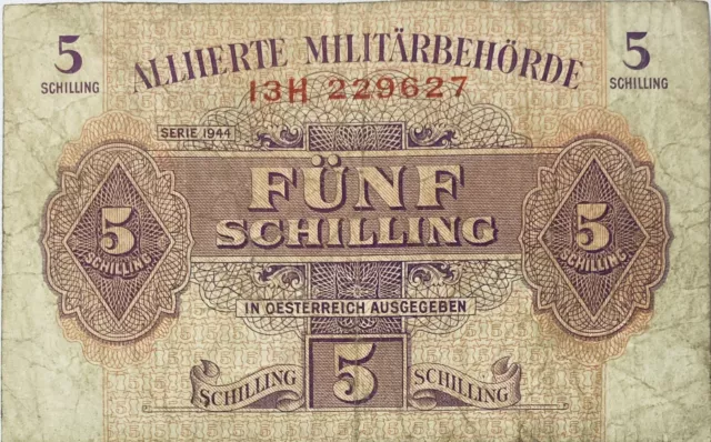 1944 Austria Old 5 Austrian Schilling Banknote Allied Military Authority Ww2