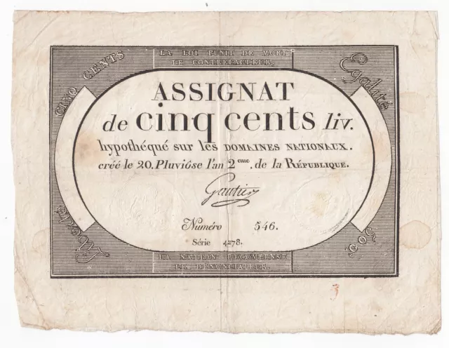 500 Livres 20 Pluviose An II (8.2.1794) - Sign. Gautier