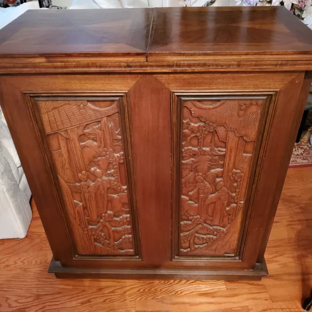 Chinese Teak Carved Dry Bar Cabinet