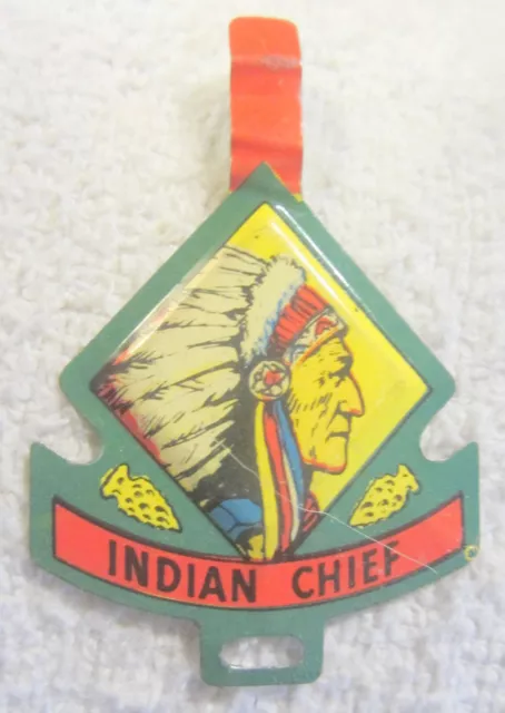 1 Post Raisin Bran Cereal ad Tin Litho Indian Chief Metal Badge Pin VTG