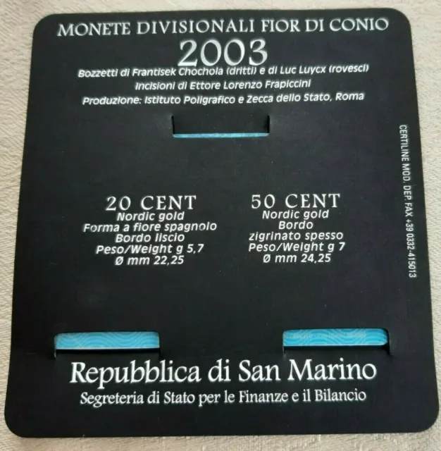 San Marino Minisatz 20 Cent und 50 Cent 2003 - in Coincard mit Beschreibung -OVP 2