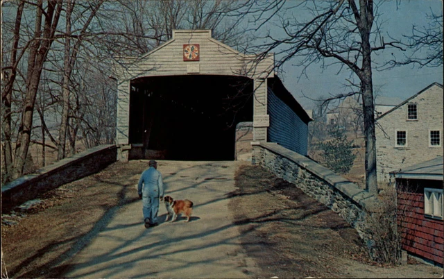 Pennsylvania Buck's County Hex Sign Covered Bridge ~ 1950s-60s postcard sku287
