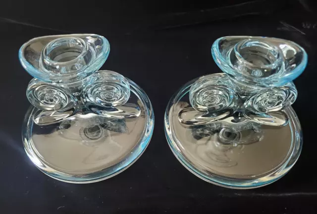 FOSTORIA GLASS #2395 AZURE BLUE SCROLL Single Light CANDLESTICKS