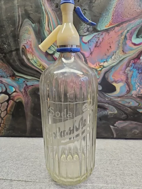 Vintage SCHWEPPES SODA WATER GLASS SYPHON BOTTLE Etched Logo Trademark 12”