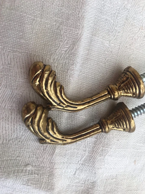 Vintage PAIR French Antique Brass Drapery Curtain Holdback Towel Hook Victorian