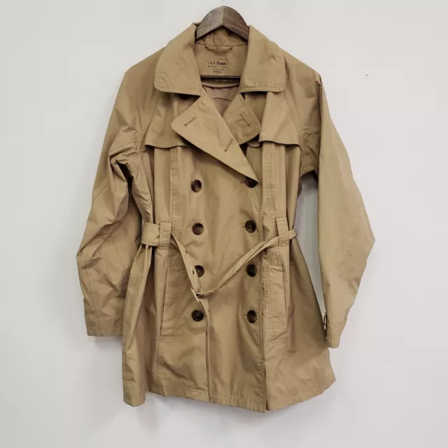 LL Bean Womens Cropped Trench Coat Size M Double Breasted Tan Pockets Belted