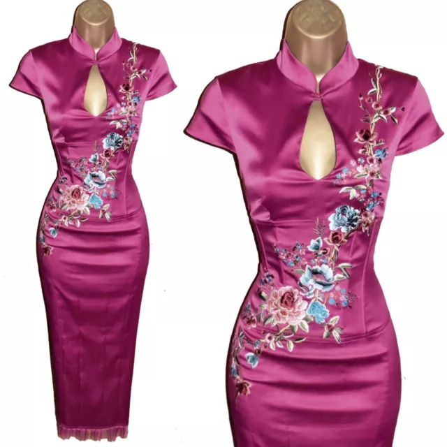 Karen Millen UK 8 (US 4) RARE VINTAGE PINK SATIN ORIENTAL CORSET PENCIL DRESS