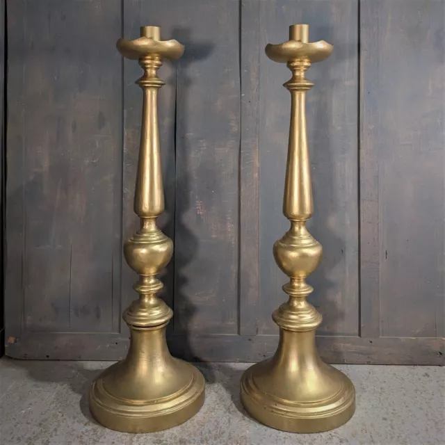 Pair of Extra Large Barqoue Style Gold Painted Wood & Brass Pavement Candlestick