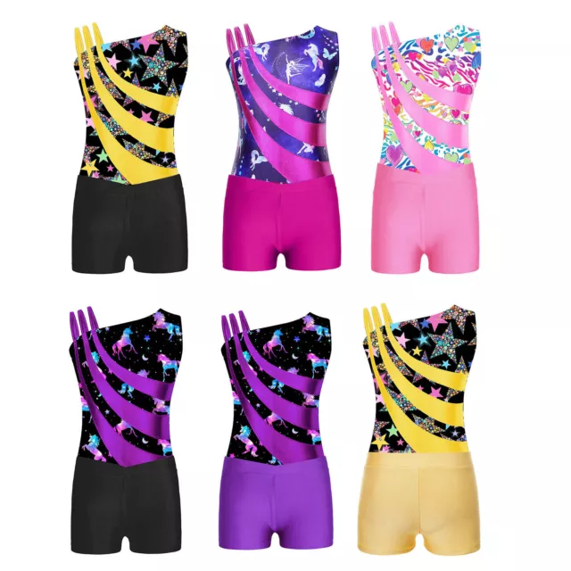 US Girls Printed Gymnastics Leotard Dance Outfit 2 Pieces Shiny Training Sports