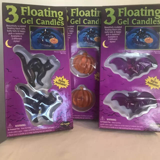 Vintage Halloween Decor NIB 9 Floating Candles - Black Cats Purple Bats Pumpkins