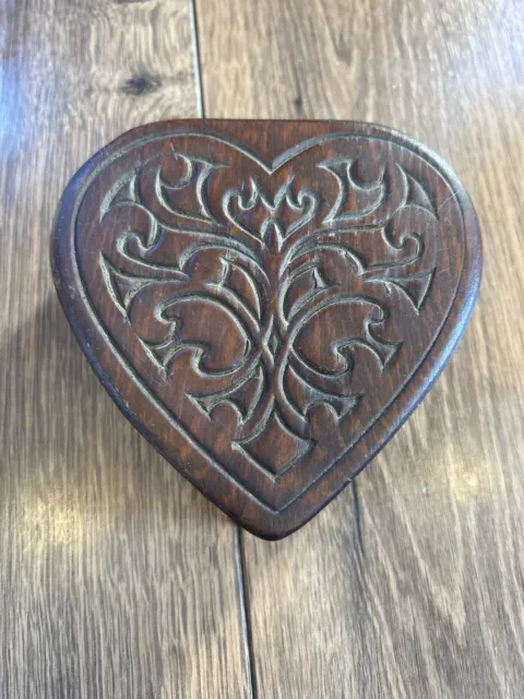 Vintage Heart Shaped Wood Jewelry Box w/ Carved Lid, Trinket, Stash, Snuff Box