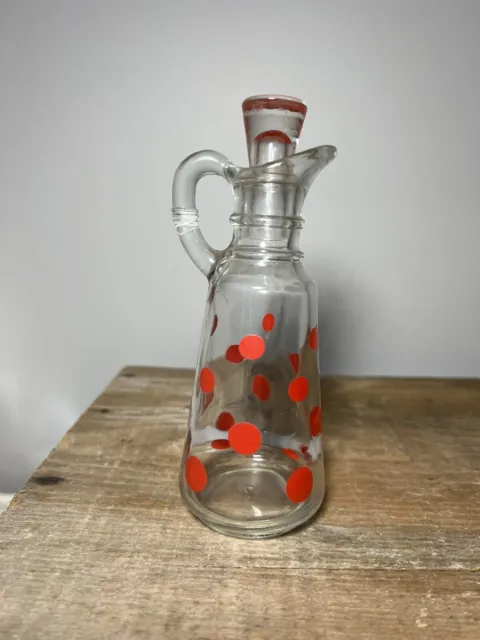Vintage Hazel Atlas Clear Glass Red Polka Dot Oil Vinegar Cruet
