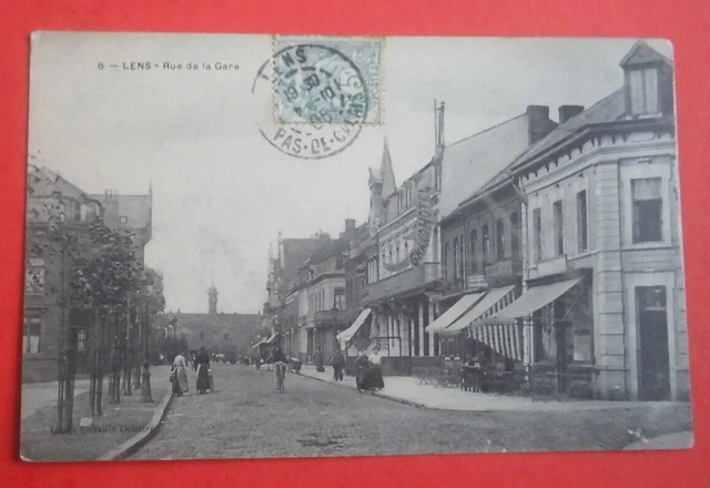 cpa LENS rue de la gare écrite en 1905