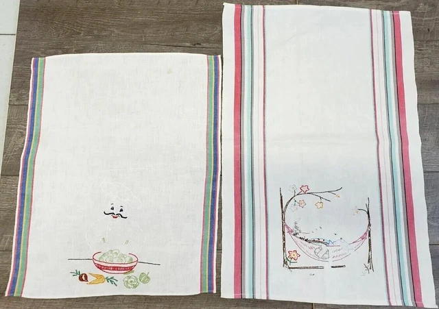 Vintage Lot 2 Embroidered Dish Towels Chef and Hillbilly Linen Striped