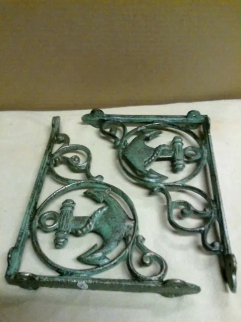 4 cast iron NAUTICAL ANCHOR in a circle Shelf Brackets PIRATES SHIP Bronze Green