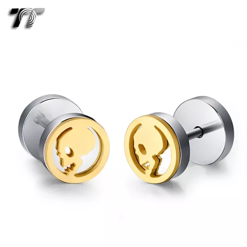 TT Silver/Gold Stainless Steel Skull Fake Ear Plug Earrings (BE219SJ) NEW