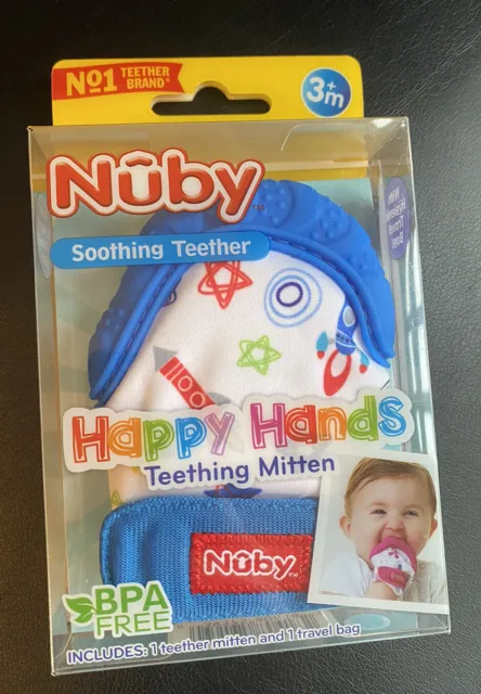 Nuby Teething Mitten Blue Soothing Silicone BPA Free Travel Bag Included