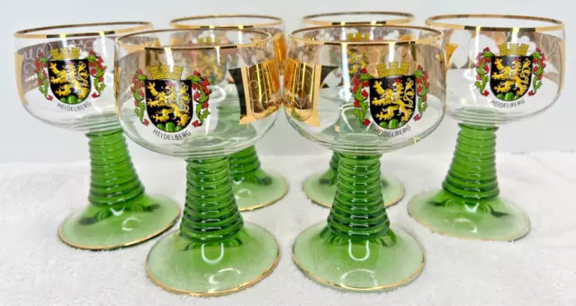 Vintage German Green Beehive Wine Goblet Heidelberg Crest (Set of 6)