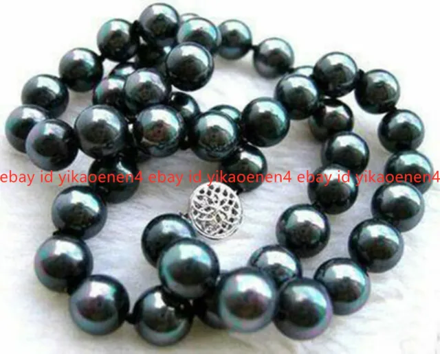8/10/12mm Black South Sea Shell Pearl Round Beads Necklace 18" AAA+