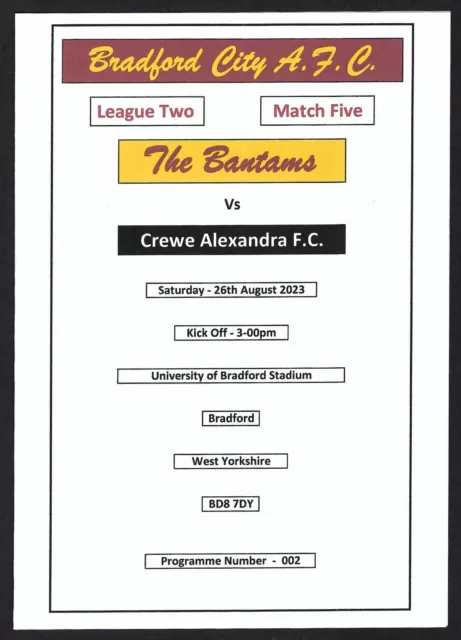 BRADFORD CITY v CREWE ALEXANDRA 26.08.23 LEAGUE TWO PROGRAMME