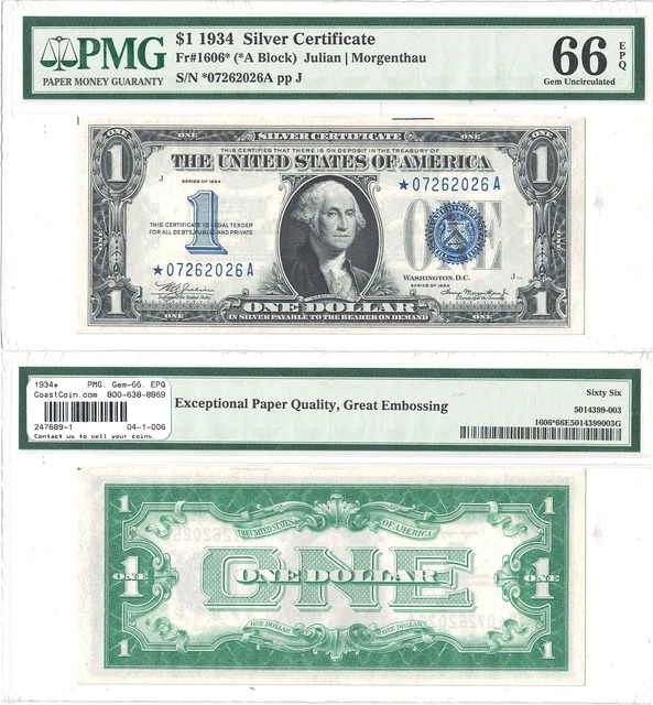 1934 $1 Silver Certificate Star Note Fr 1606* PMG Gem Uncirculated-66 EPQ