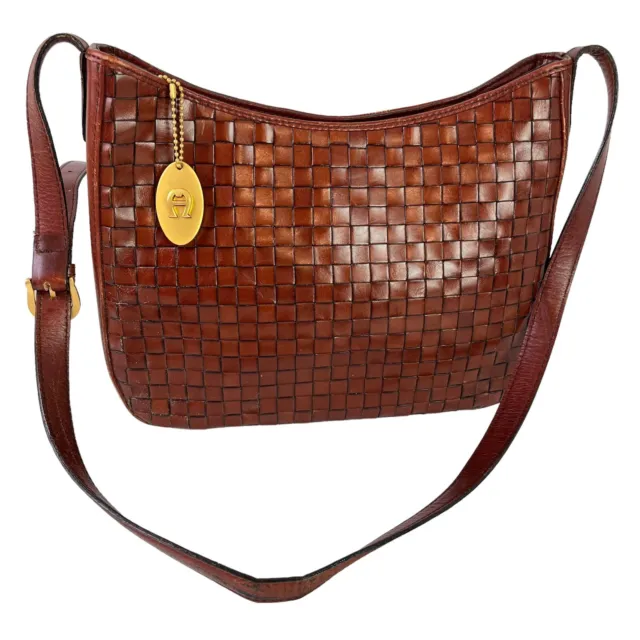 Etienne Aigner Womens Vintage Woven Leather Shoulder Bag Purse Handbag Brown