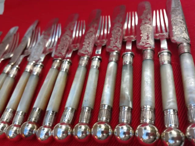 Superb Mother Pearl Victorian Silver Plate Cutlery Set 24 Unique Items Quality