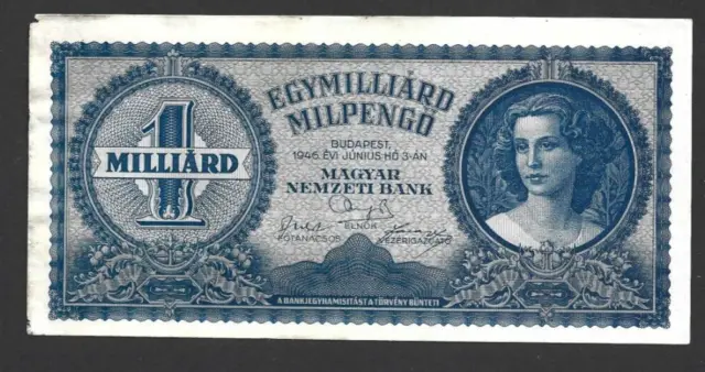 1 Milliarde Milpengo Very Fine Banknote From  Hungary 1946 Pick-131