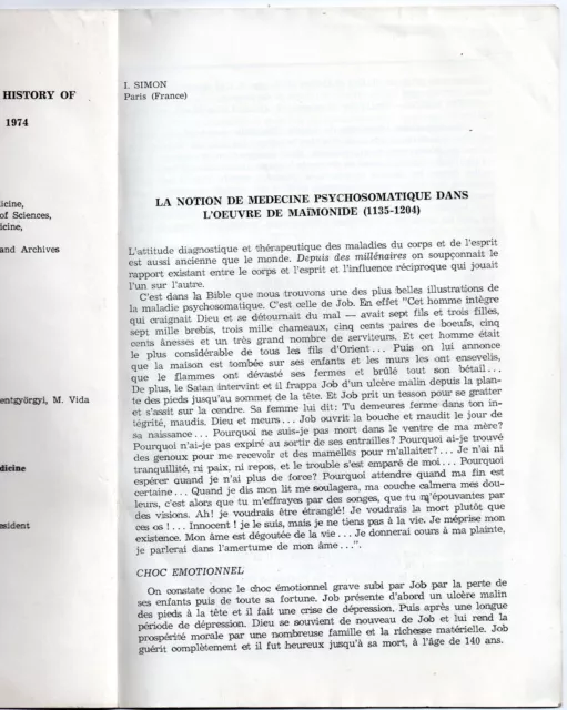 I. Simon Notion De Medecine Psychosomatique Chez Moise Maimonide 1974 Histoire