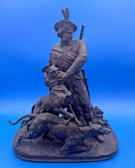 Antique Spelter Figurine Of A Pair Of Scottish Deerhound Dogs & Scotsman Hunting